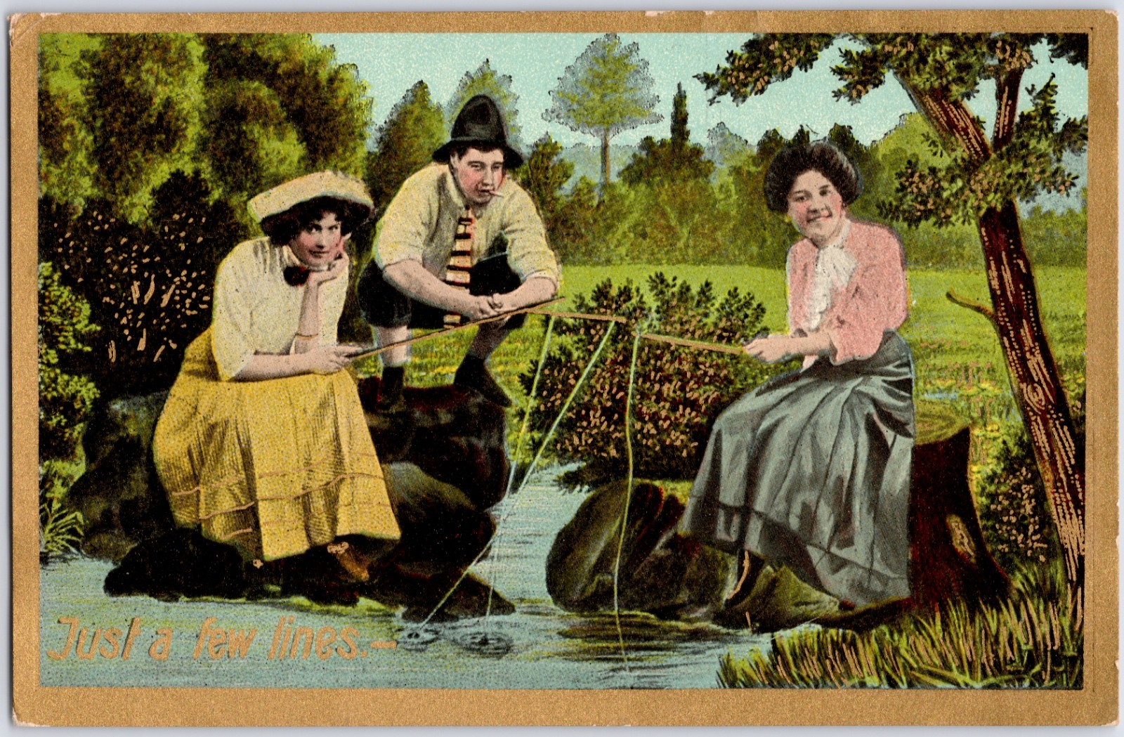 VINTAGE JUST A FEW LINES FISHING TWO WOMEN MAN GOLD BORDER POSTCARD PC