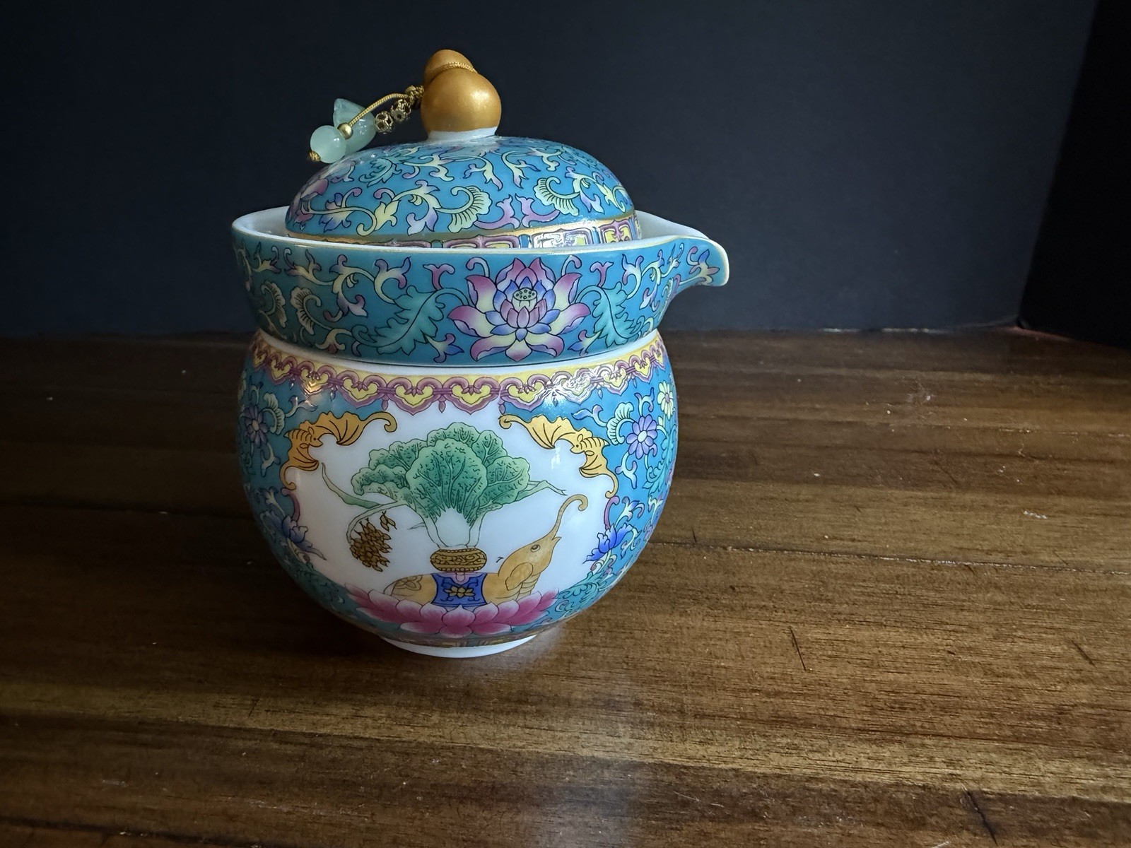 Cili Taoli Chinese Porcelain Tea For One Set Turquoise Famille Rose Gaiwan 3pc