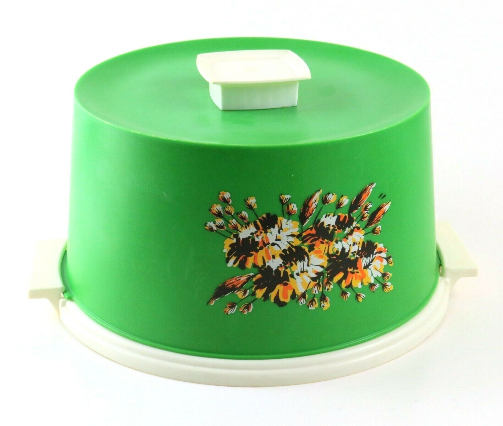Awesome Vintage Cake Carrier/Storage, Green, White w/ Orange, Gold Floral Accent