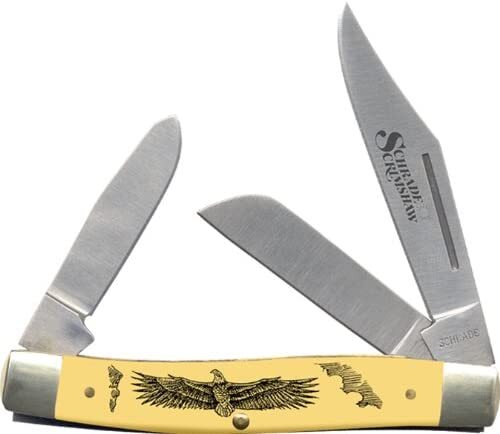 Schrade 8OTYE Old Timer Senior Stockman Pocket Knife, Yellow with Eagle Scene