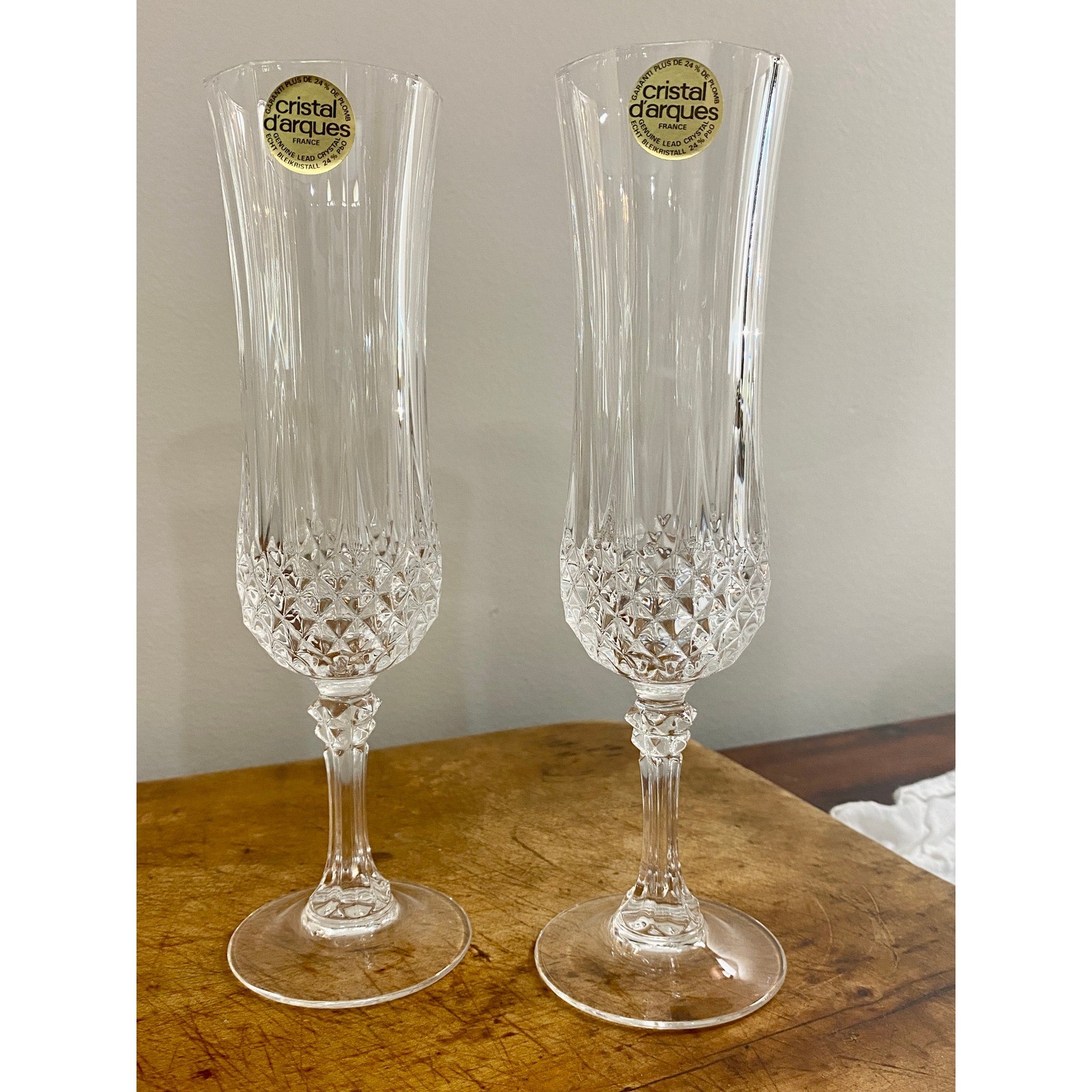 Cristal d\'Arques Longchamp Champagne Flutes Set of 2 Lead Crystal France Vintage