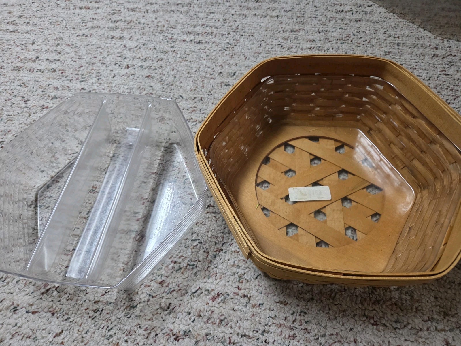 Longaberger 13” Handmade Handwoven Brown Wood Hexagon Storage Basket W/ Inserts