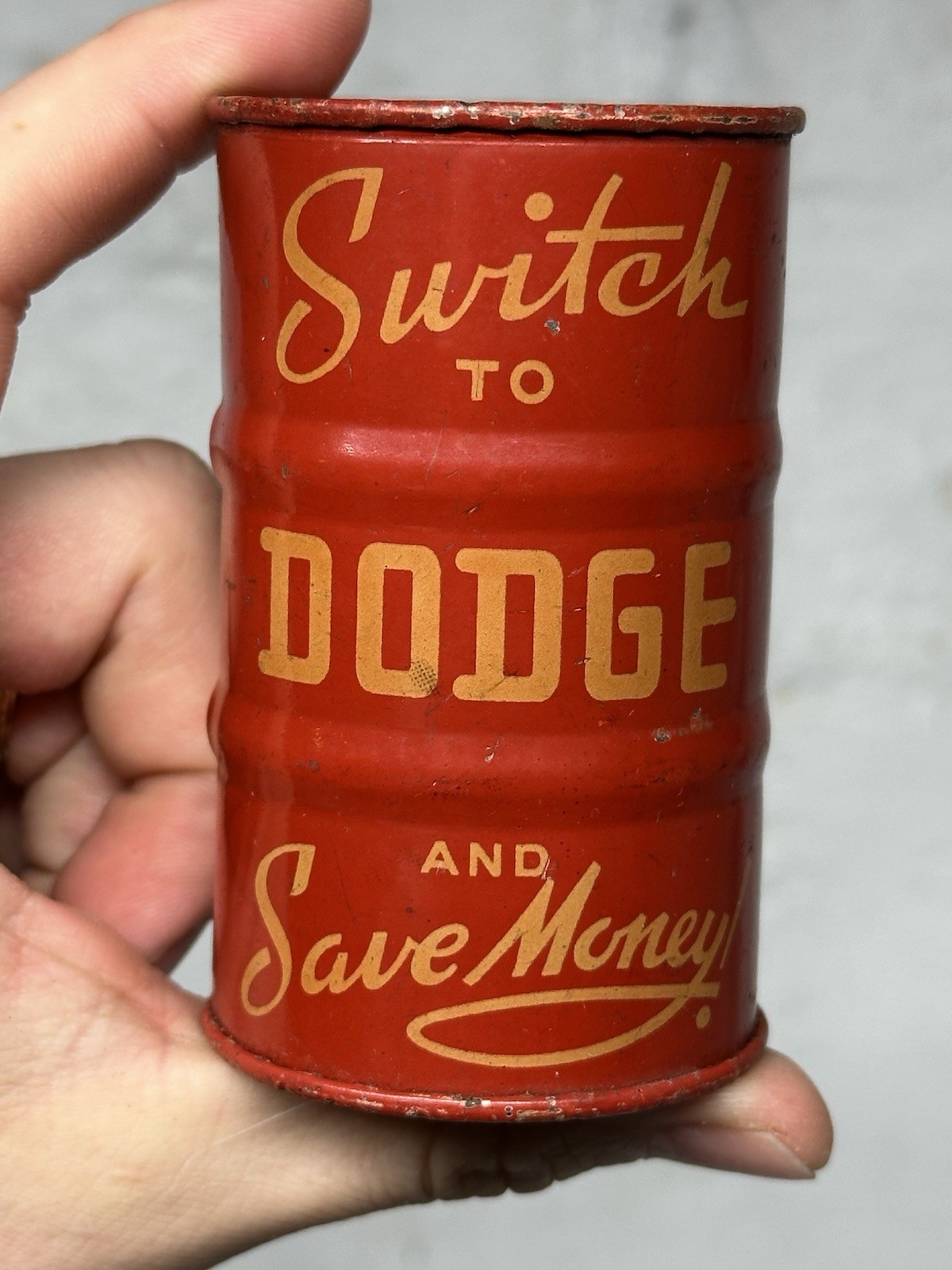 VTG 1930 Dodge Automobile Metal Money Bank Advertisement Tin Barrel Gas Oil Auto