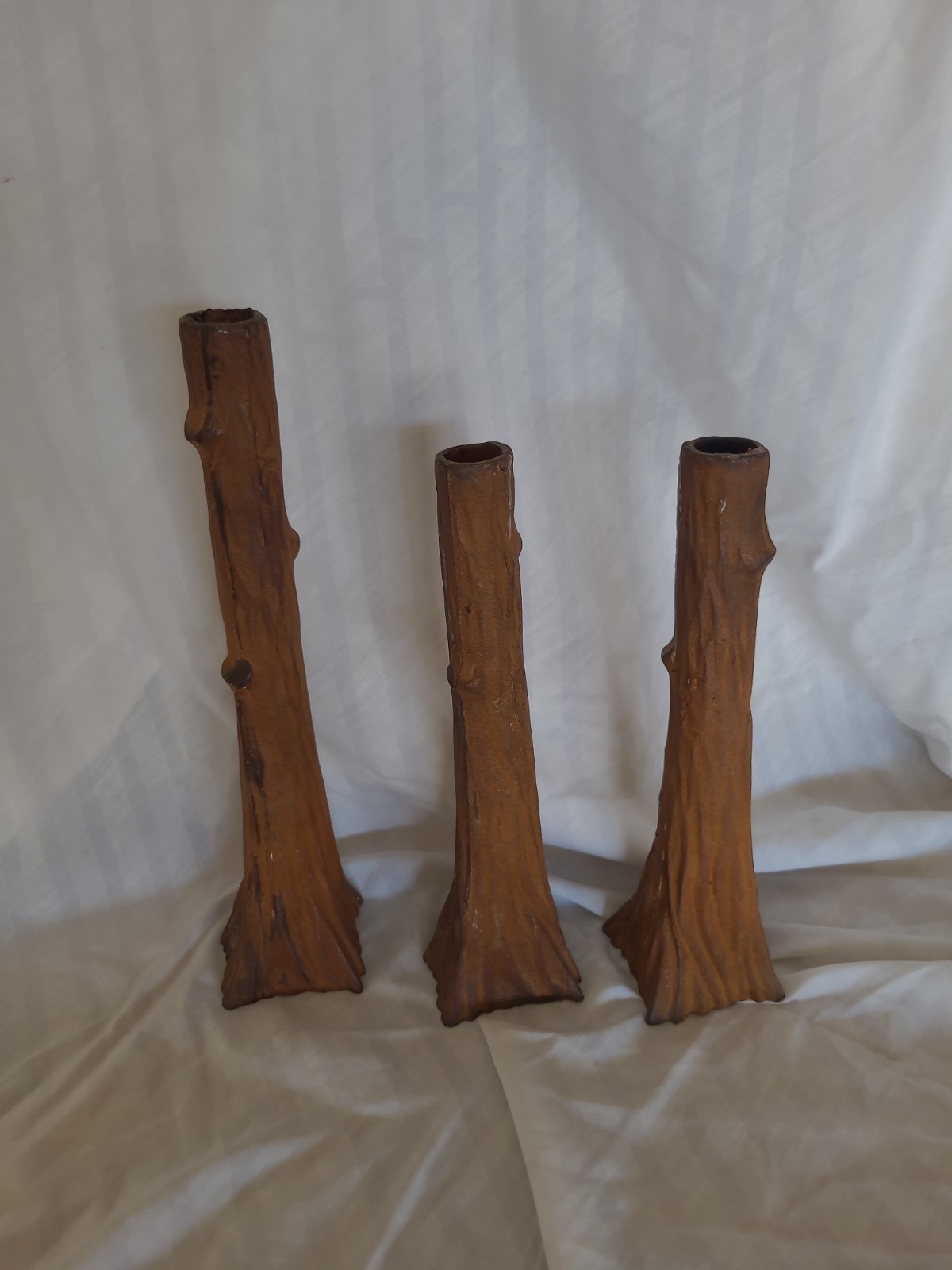 3 Vintage Carnevale Cast Iron Candle Holders Tree Trunk Candlestick BRUTALIST