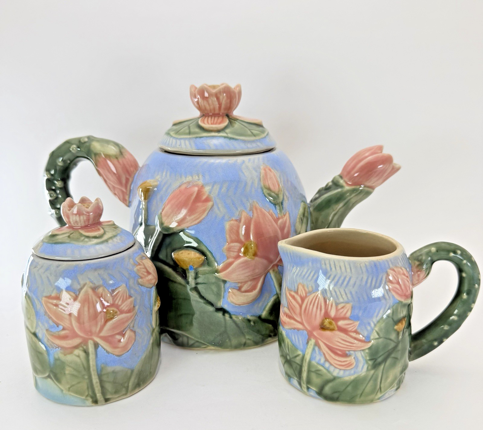 VTG Henriksen Majolica Lotus Water Lily Teapot/Lid Creamer Sugar/Lid Ceramic 3D