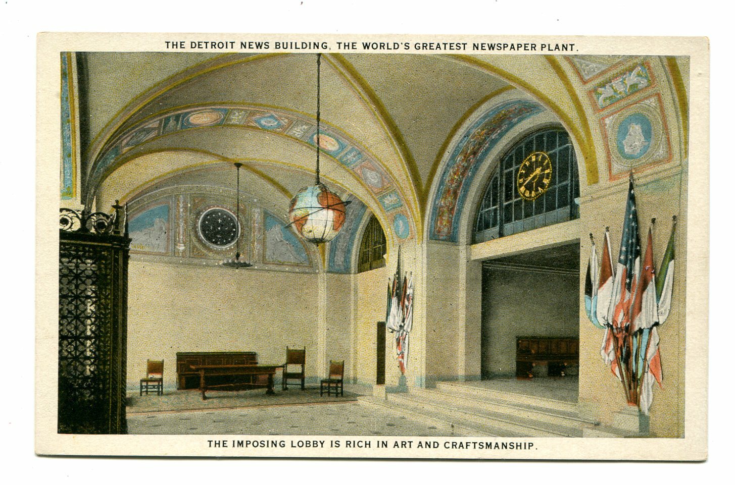 Detroit News newspaper building lobby, c.1920s. Michigan. MI. News. Journalism