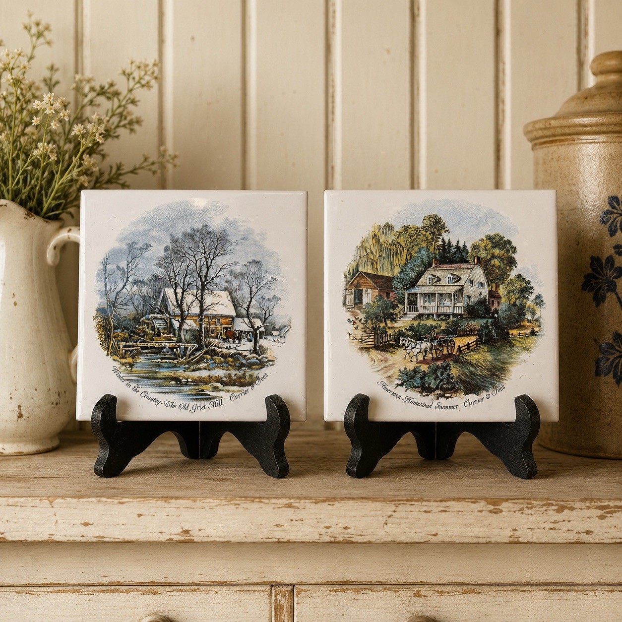 Set of 2 Currier & Ives 6” Ceramic Tiles - American Homestead Summer -Grist Mill