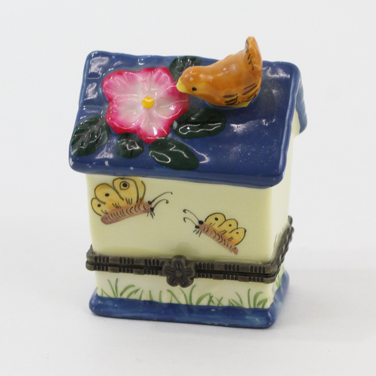 Small Blue And Yellow Ceramic Birdhouse Trinket Box Small Blue And Yellow Ceramic Birdhouse Trinket Box