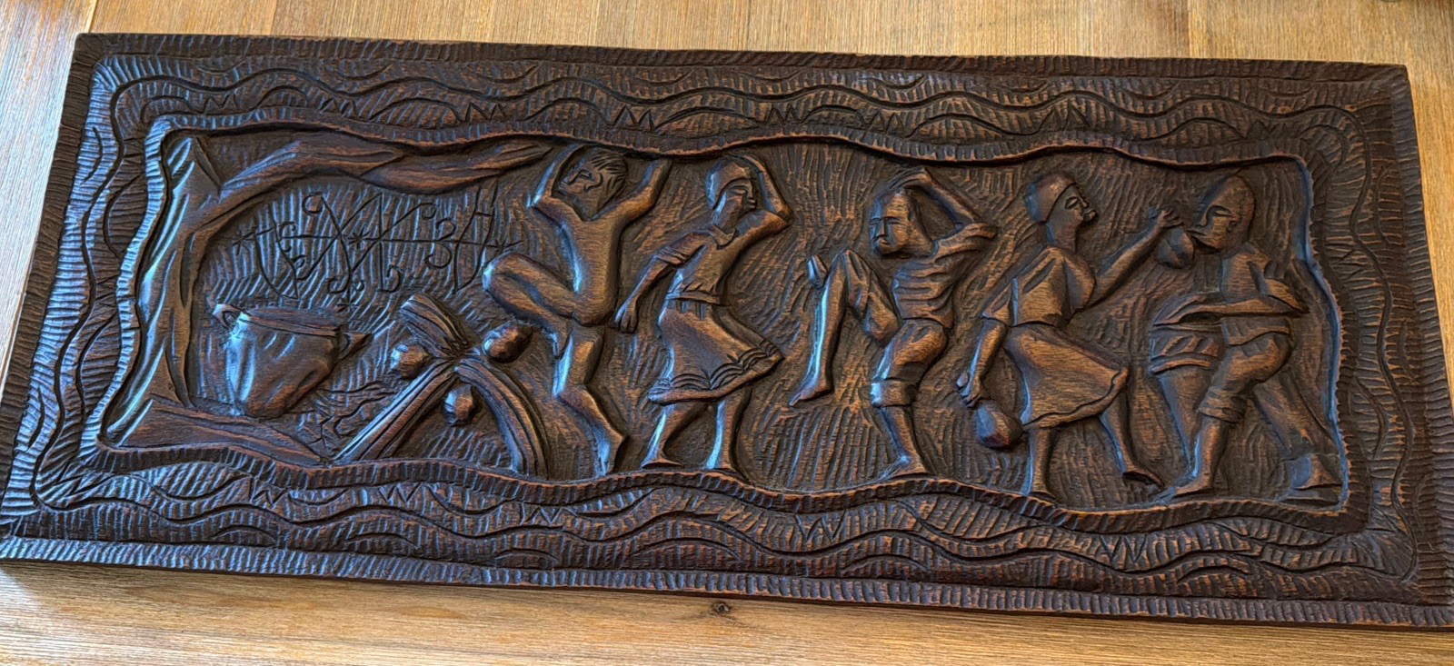 Vintage Wall Plaque African Haitian Wood Hand Carved Art Rectangle 32x13” Relief
