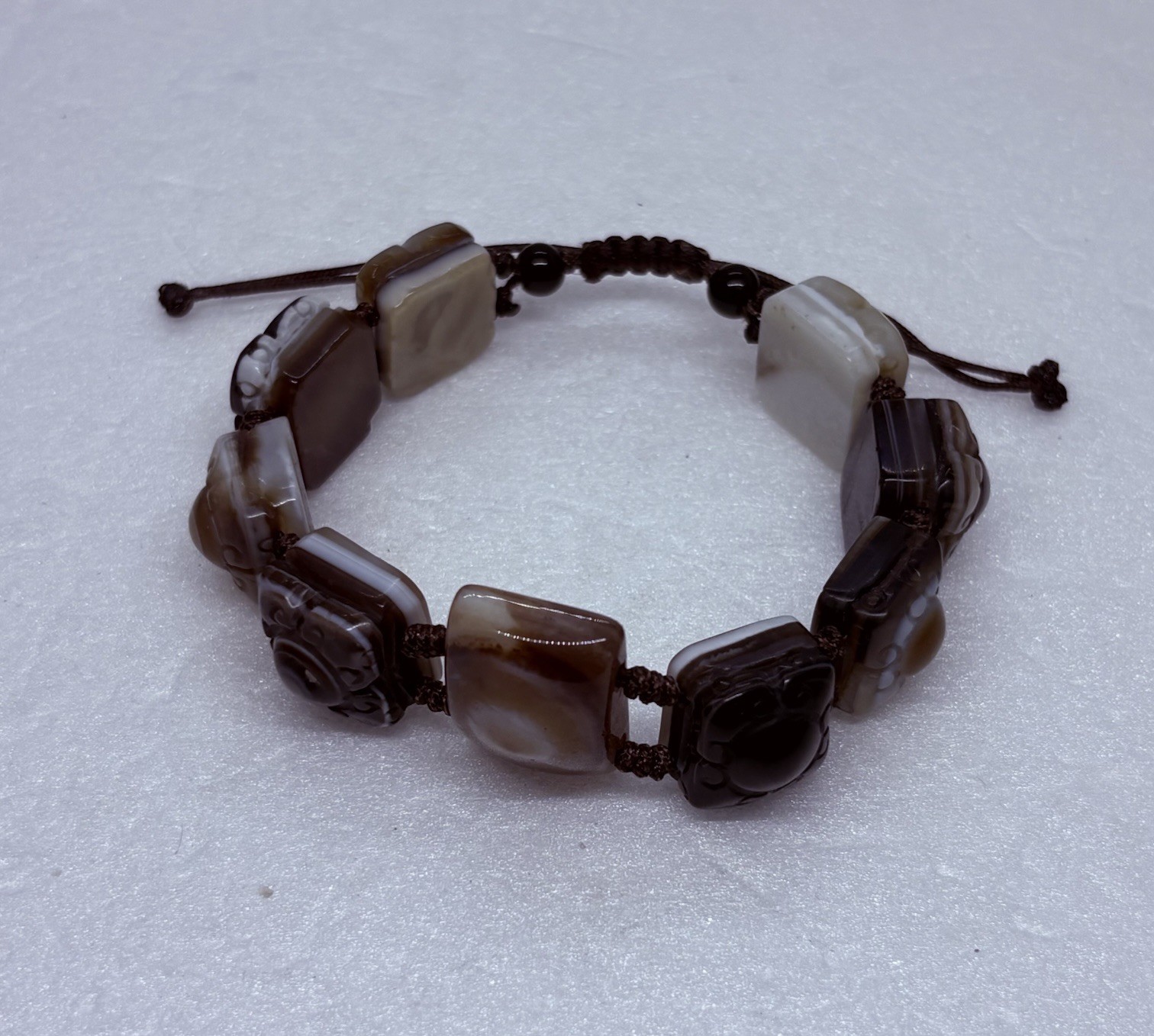 Rare Tibetan Dragon Eye Carved Agate Beaded Bracelet 16mm Square Adjustable 1