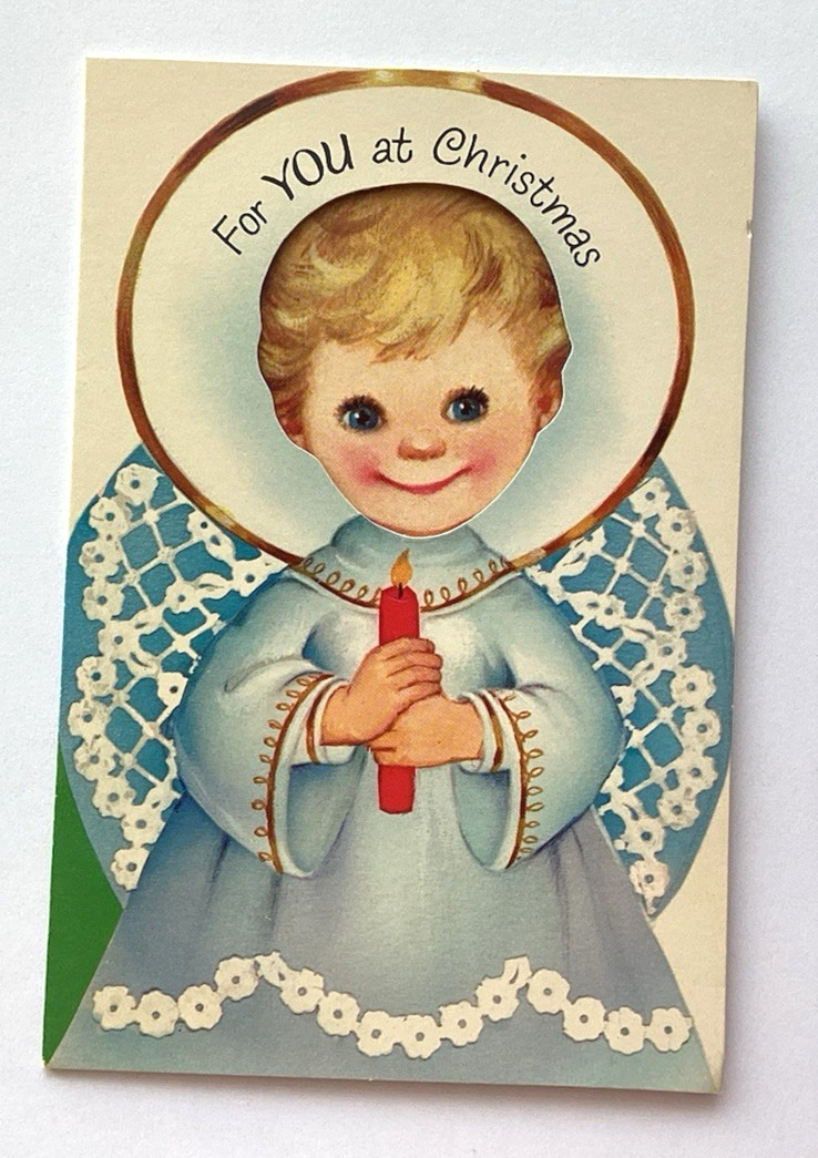Vintage Christmas Card LITTLE ANGEL BOY CANDLE Peekaboo Window Norcross Used