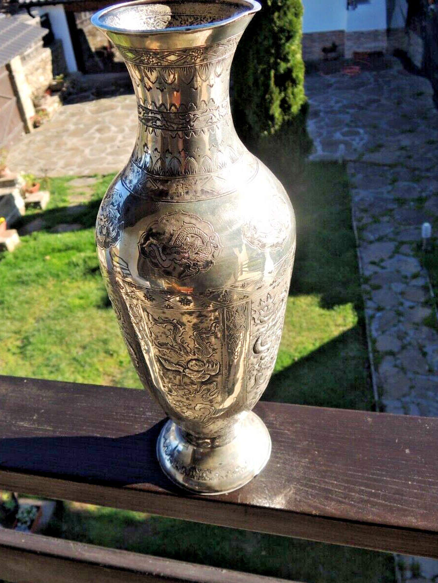 ANTIQUE  ASIAN CARVED SILVER PLATED VASE WITH DRAGONS