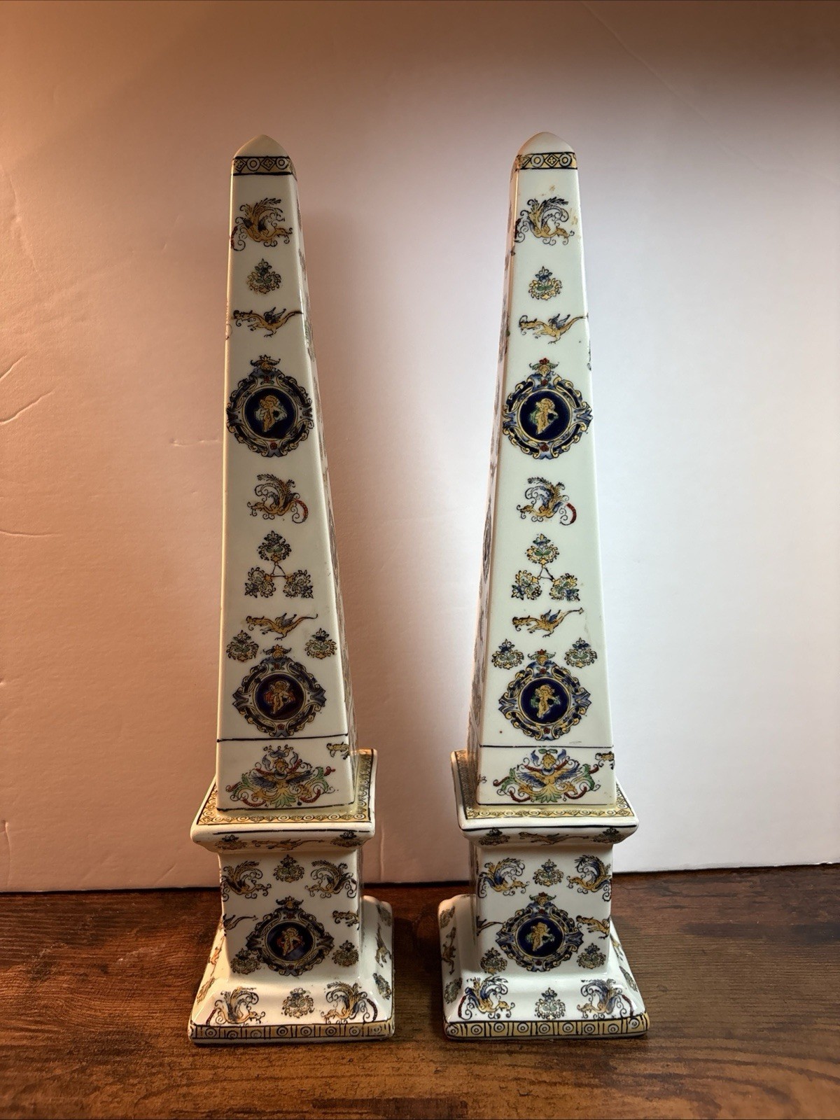 Continental Porcelain Obelisks Neoclassical Statues Polychrome Set of 2