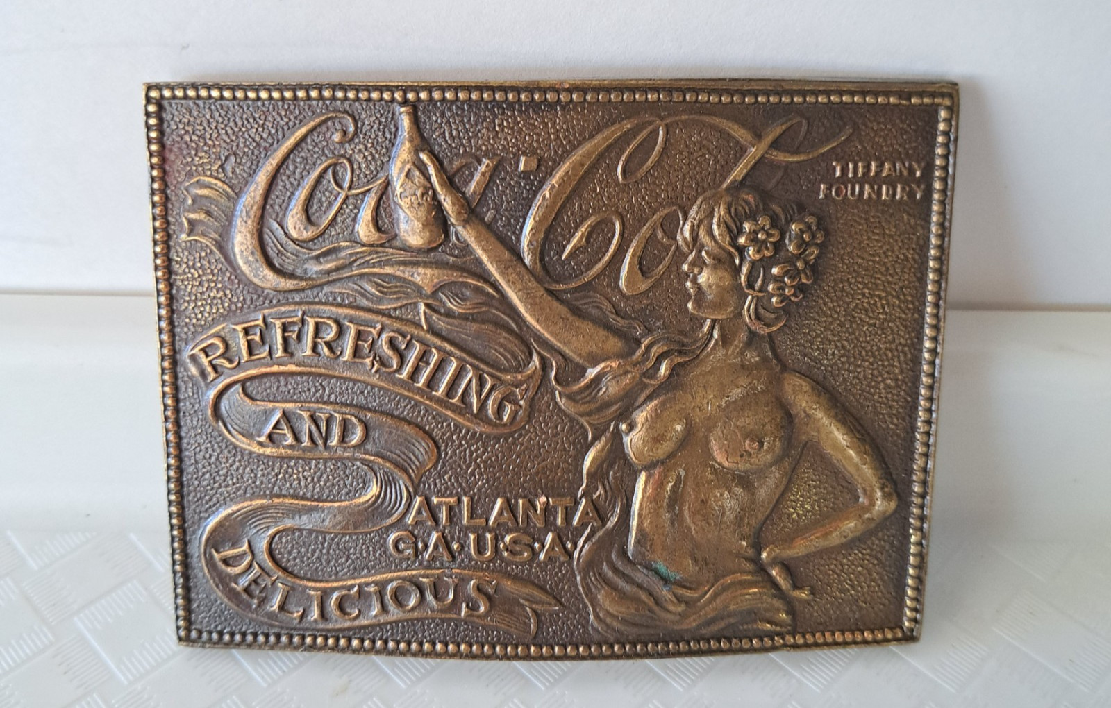 Vintage 1970s Coca-Cola Belt Buckle Art Nouveau Nude Tiffany Foundry JJ Willard