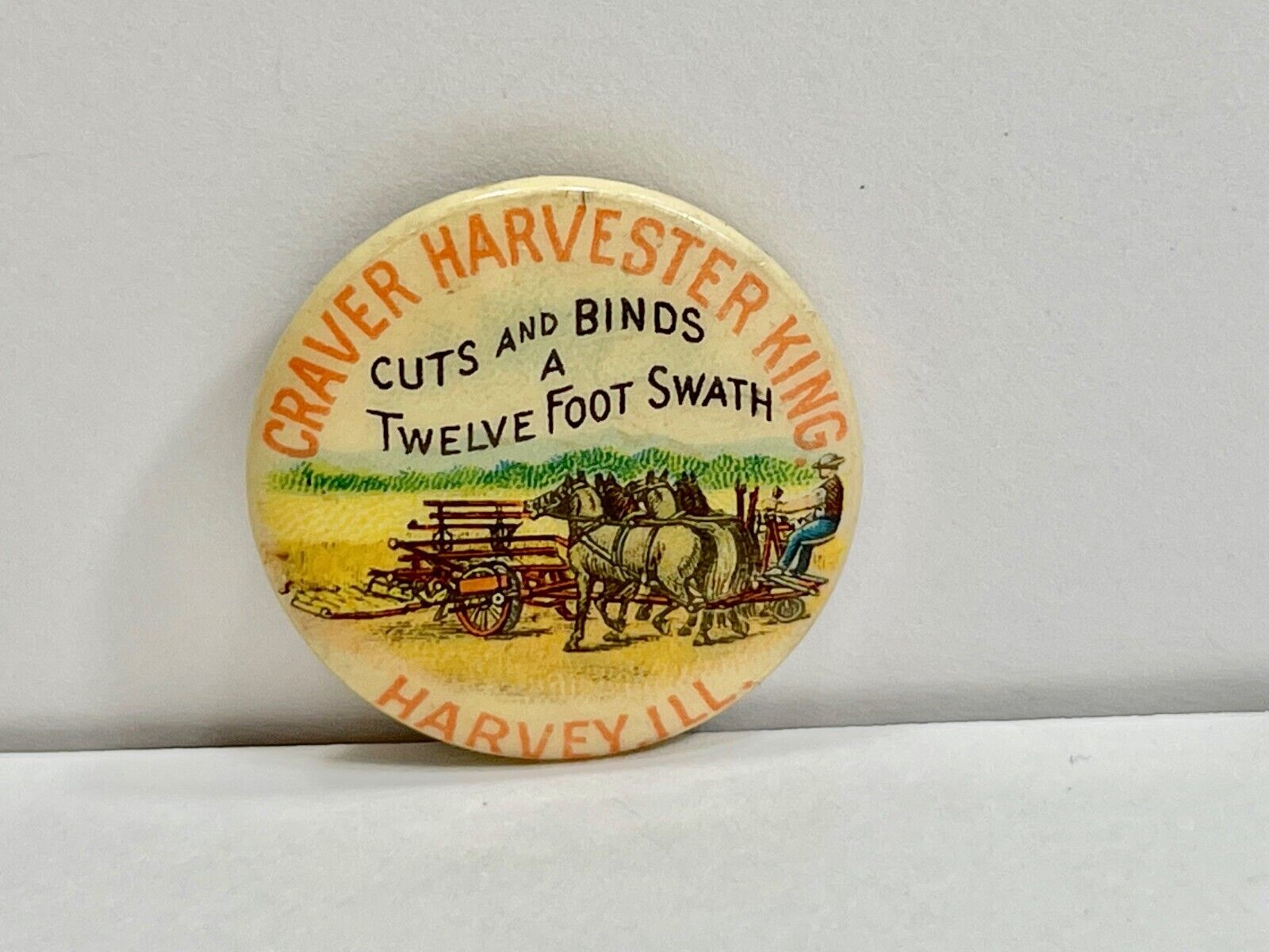 Antique 1896 Wheat Binder Craver Harvester King Harvey, Illinois - Pin / Button