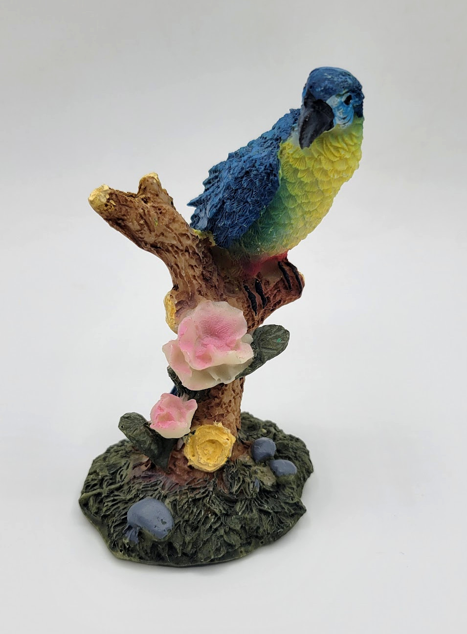 Vintage Blue Parrot Tropical Bird Resin Branch Floral Flowers Figurine 4\