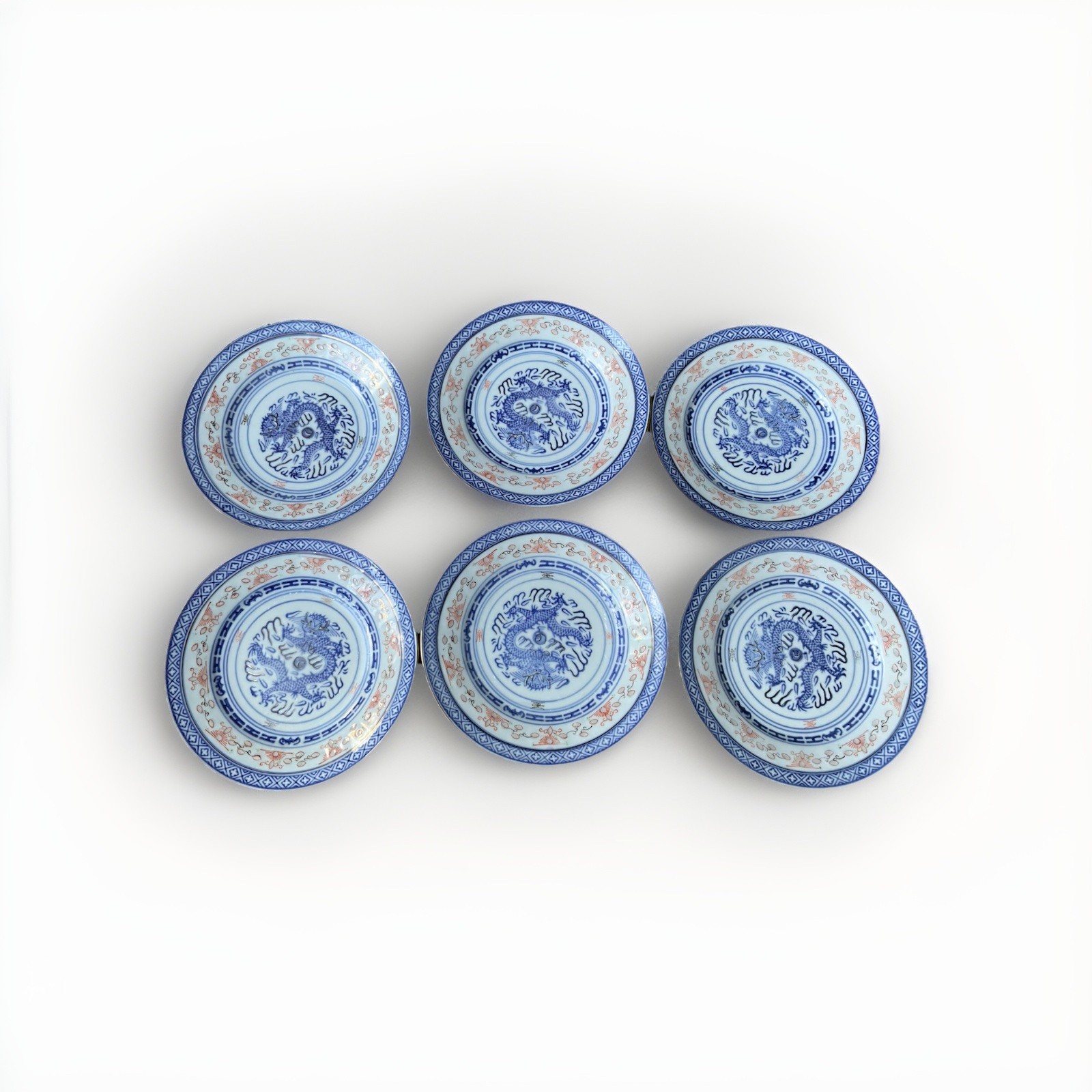 Chinese Jingdezhen Blue and White Dragon-Pattern Dessert/Salad Plate (Set of 6)