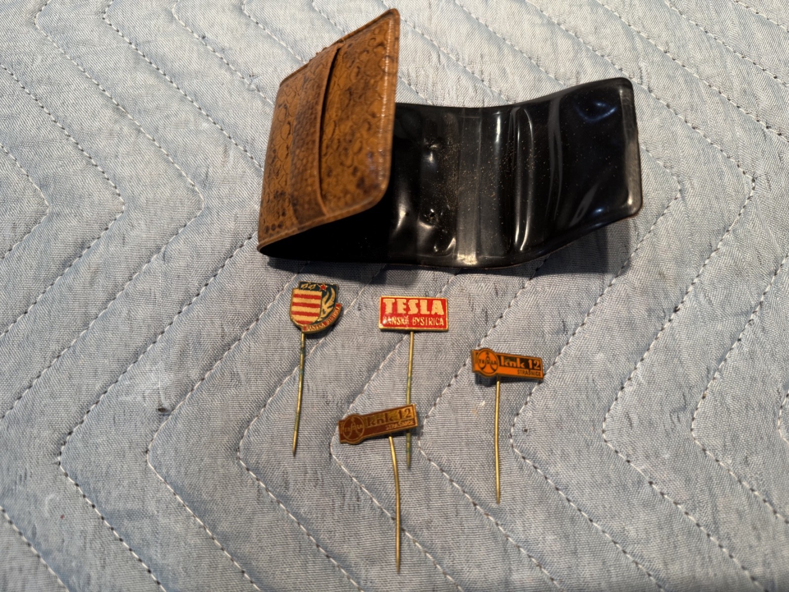 (4) Vintage Tesla Banska Bystrica , Slovakia lapel or hat pins with case RARE