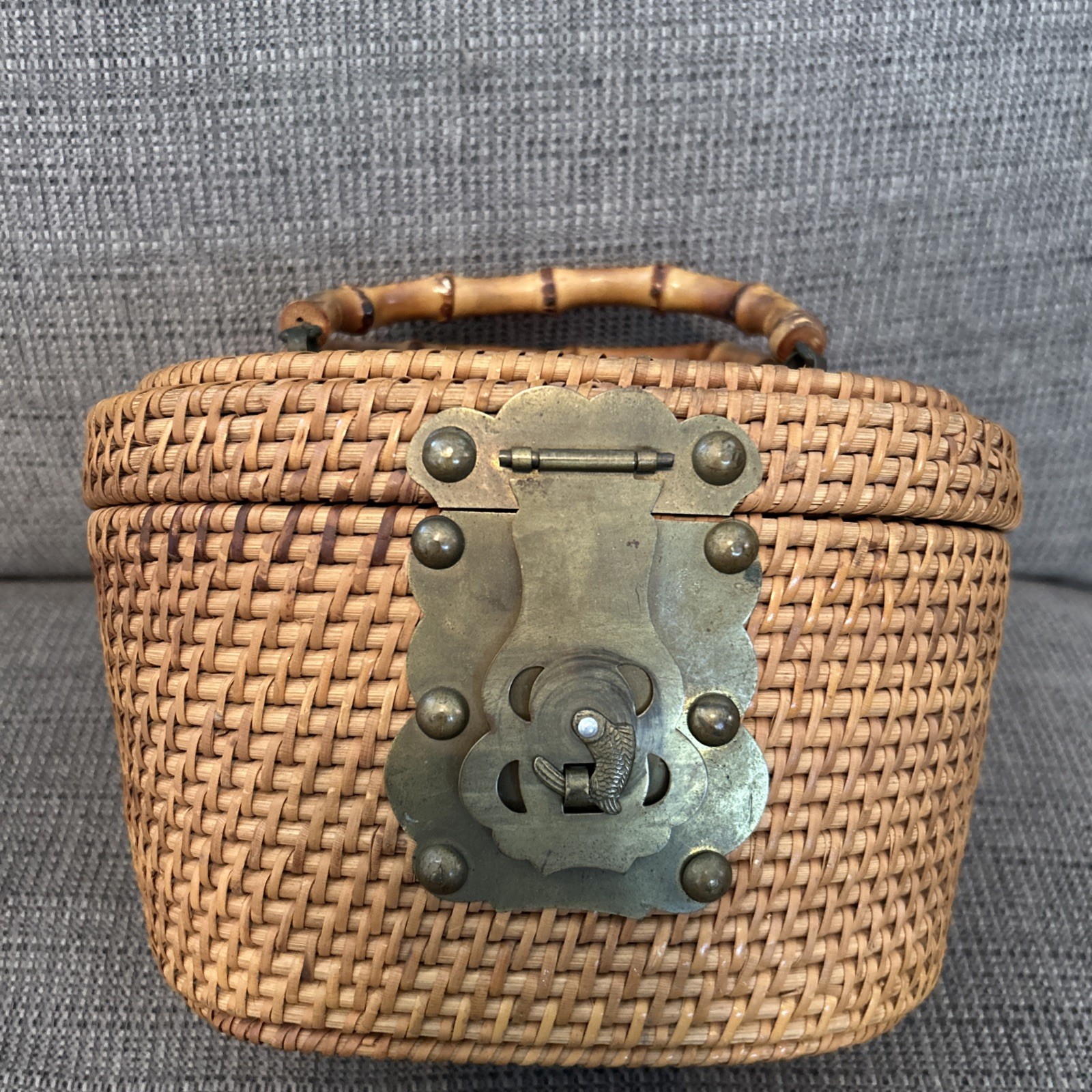 Antique Chinese Wedding Tea Woven Basket With Brass Hardware
