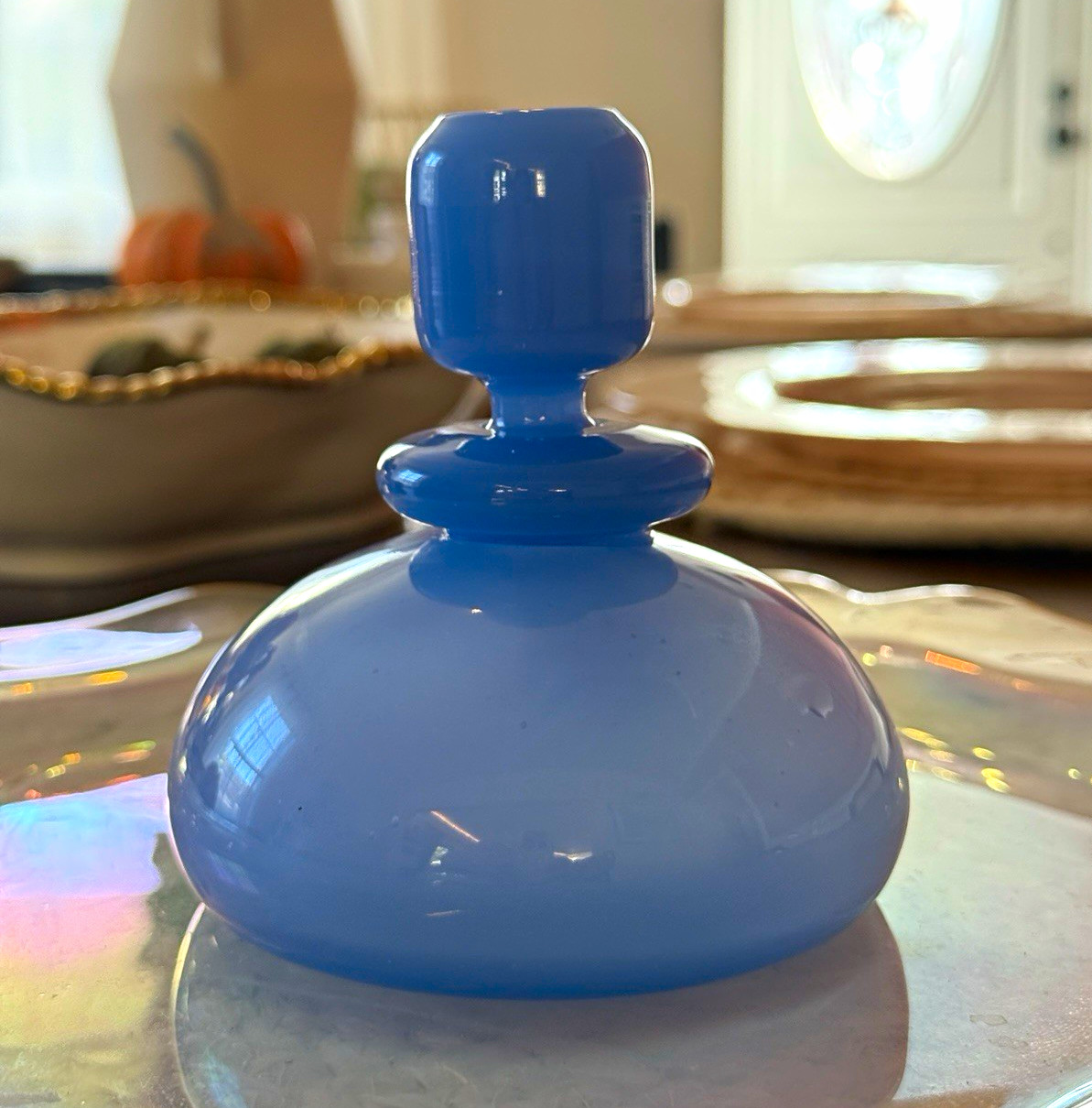 Vintage French Periwinkle Blue Opalescent Glass Perfume Bottle Decanter 4.5”