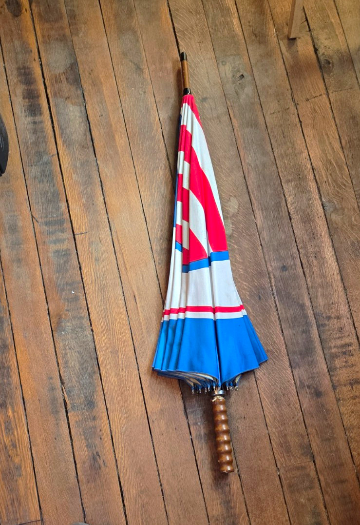 Vintage Union Pacific Railroad Logo Umbrella-Red White Blue Canopy, Wood Handle