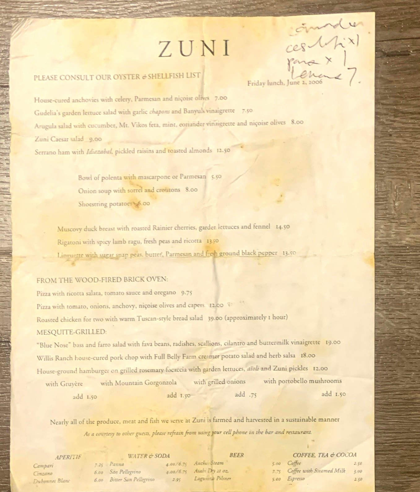 ZUNI Cafe Restaurant Menu Vintage San Francisco CA Friday Lunch June 2 2006