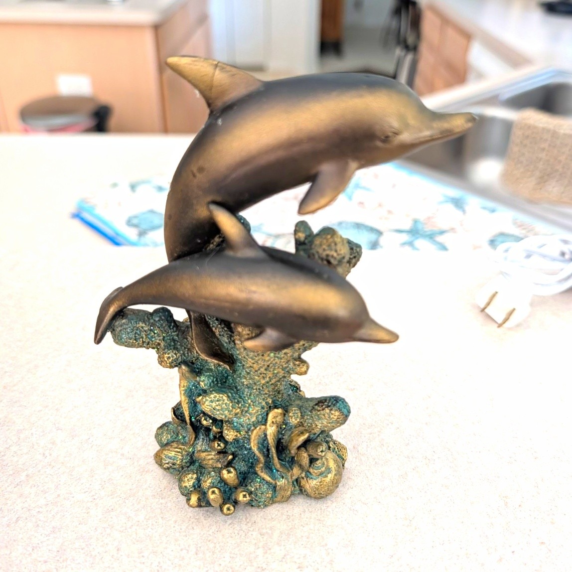 Bronze-Tone Double Dolphin Coral Statue