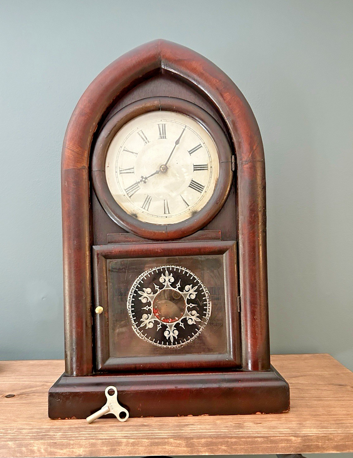 Antique Ansonia Walnut Pointed Gothic Arch Mantel Clock 8 Day Time Strike w/Key