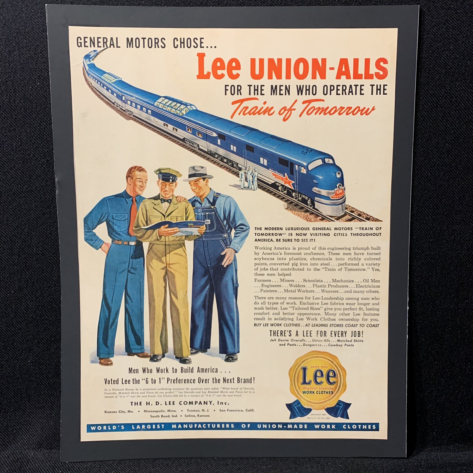 Vintage 1947 Lee Union-Alls advertisement Vintage 1947 Lee Union-Alls advertisement