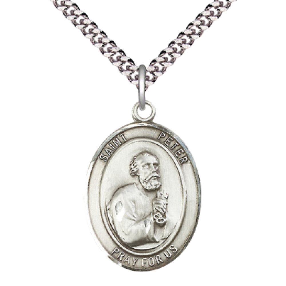 Pewter Saint Peter the Apostle Oval Medal Pendant Necklace 24\