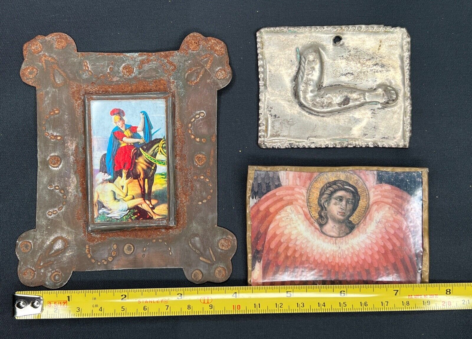Mexican Handcrafted Folk Art - Punch Tin Picture Frame, Milagro & Brass Brooch