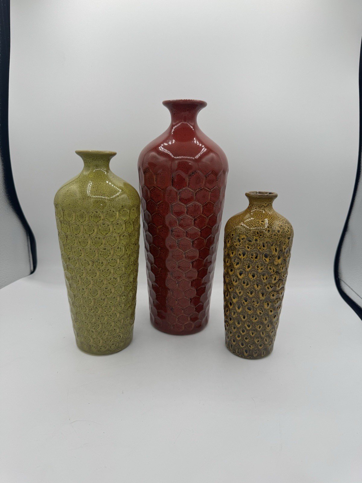 3 Vases of Red/Green/Yellow Honeycomb Pattern Vase 
