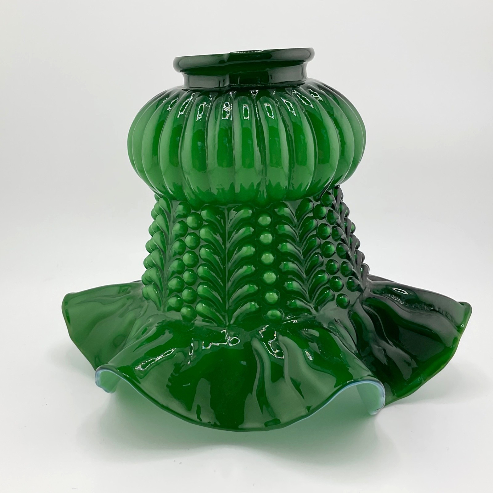 Vintage Green Glass Hobnail Ruffled Lamp Shade Victorian 2 1/8” Fitter.