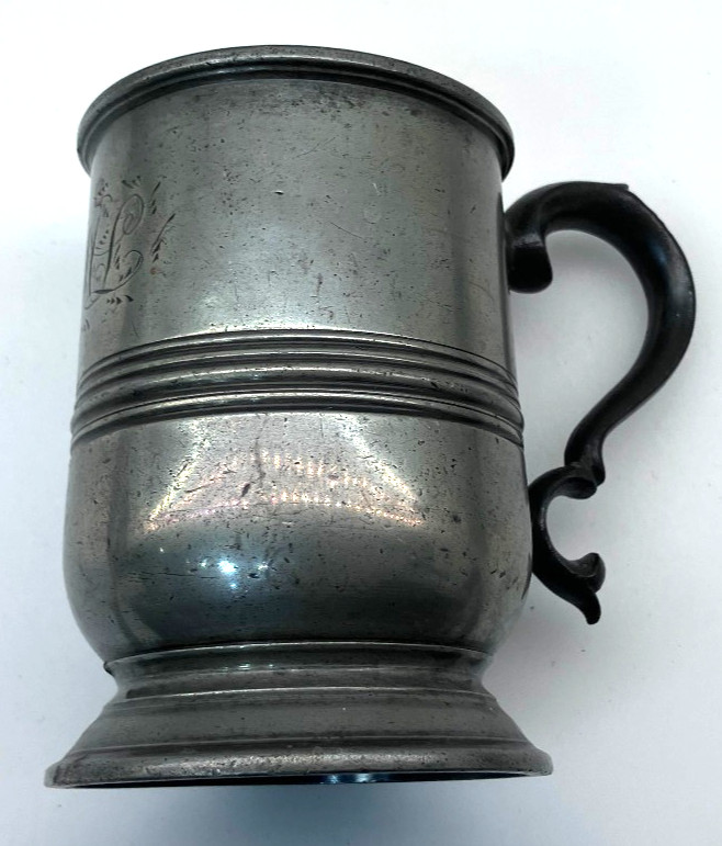 Vintage English Half-pint Pewter Tankard, with unknown side engraved insignia ML