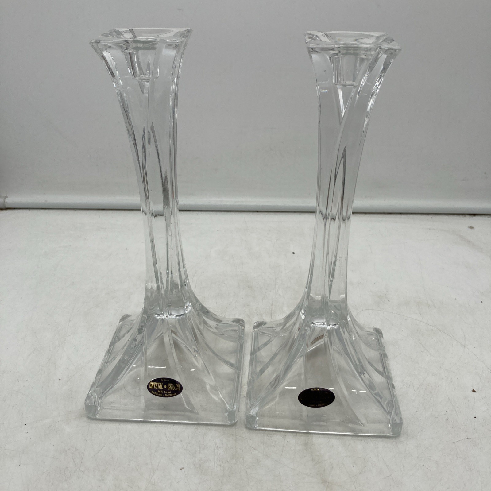 Vintage NEW Pair DePlomb 24% Lead Crystal Taper Candlestick Holders 10” Tall USA Vintage NEW Pair DePlomb 24% Lead Crystal Taper Candlestick Holders 10” Tall USA