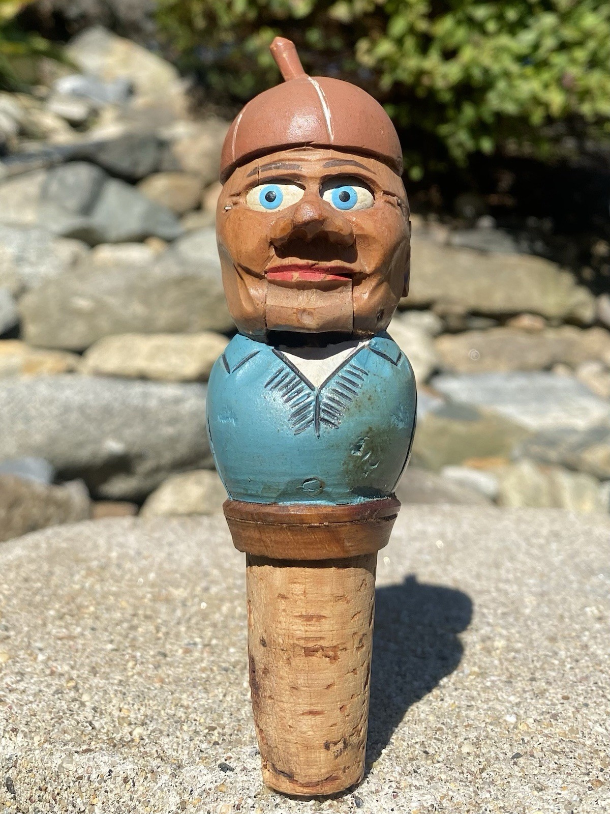 Vintage Anri Italy Hand Carved Painted Wood Mechanical Man Bottle Stopper Cork