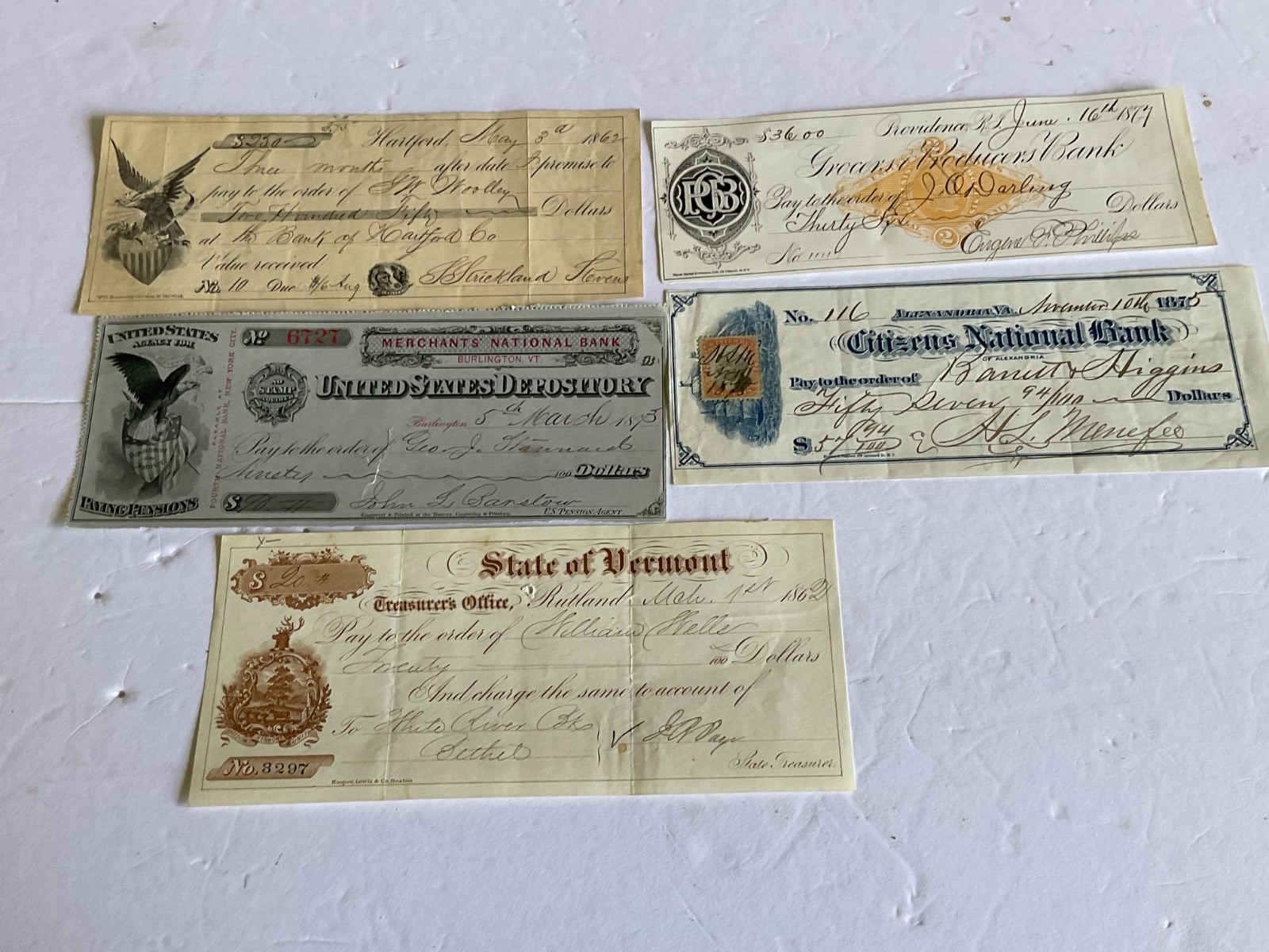 CIVIL WAR & POST CIVIL WAR CHECKS 5 HARTFORD BANK, STATE OF VERMONT, SEE BELOW CIVIL WAR & POST CIVIL WAR CHECKS 5 HARTFORD BANK, STATE OF VERMONT, SEE BELOW
