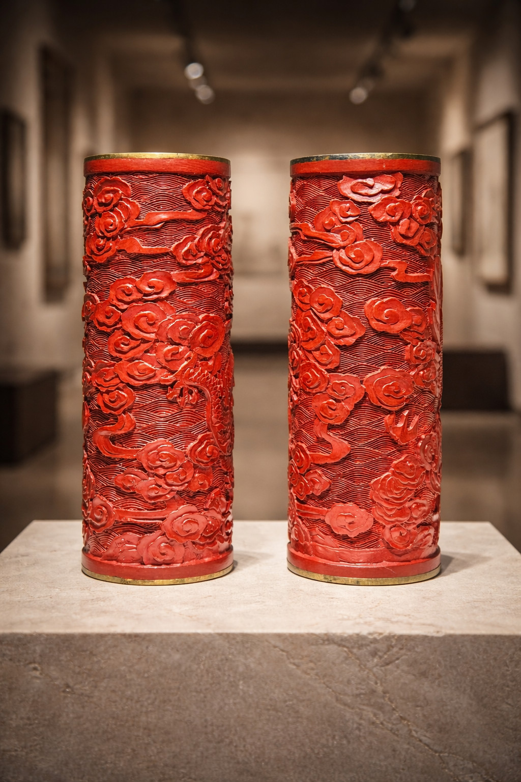 Carved Asian Dragon Resin Cylinders Pair Oriental Decor Vintage Style