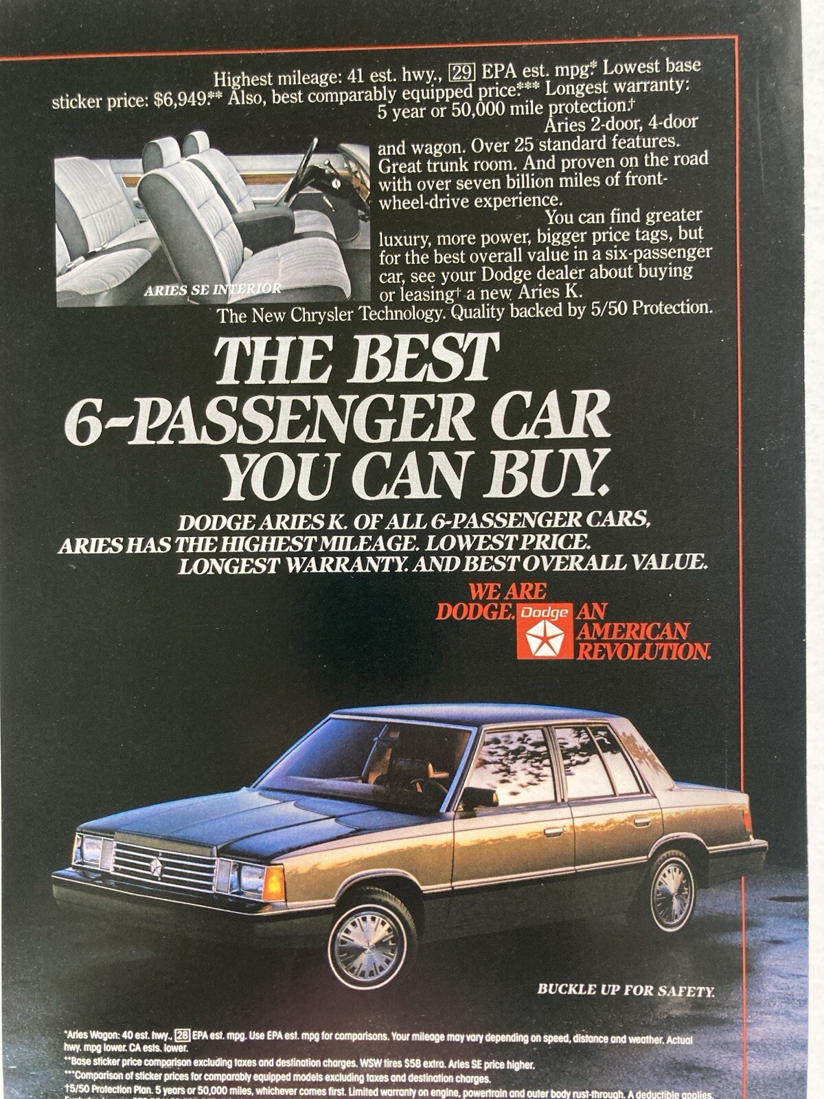 1984 Dodge Aries K  Print Ad Best 6-Passenger Car