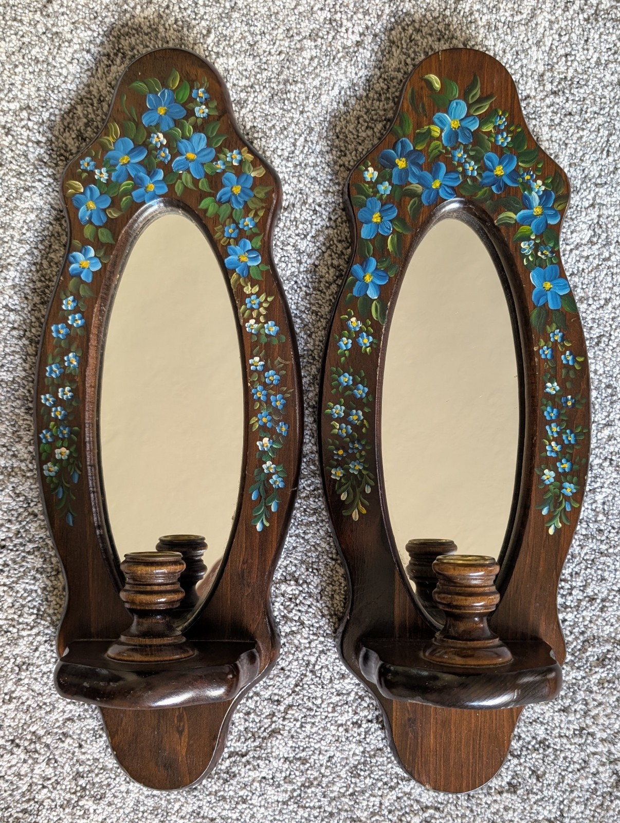 Vintage Pair 2 Hand Painted Blue Floral Wooden Mirror Wall Sconce Candle Holders