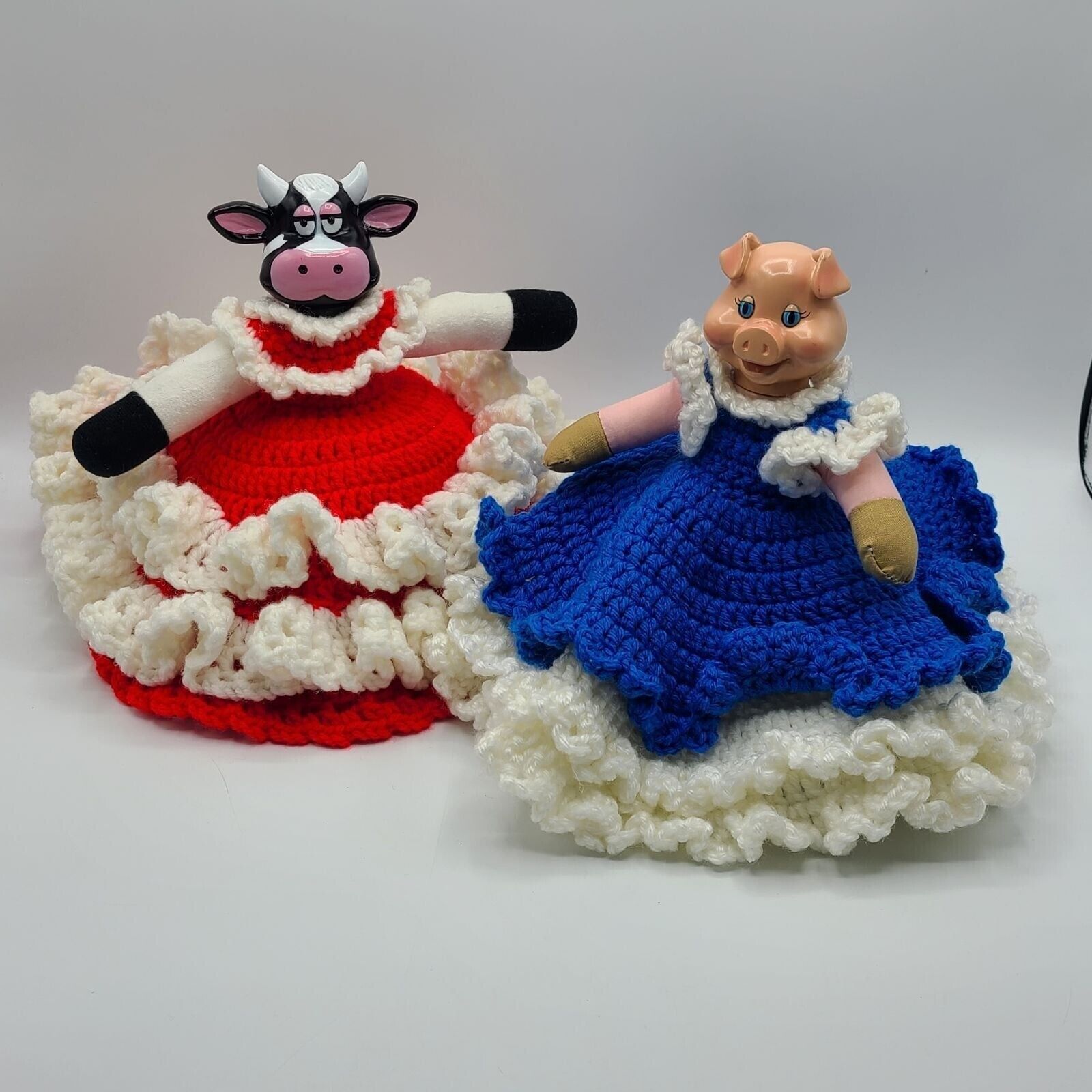 Vintage Kitschy Crochet Barnyard Cow Pig Covers Handmade