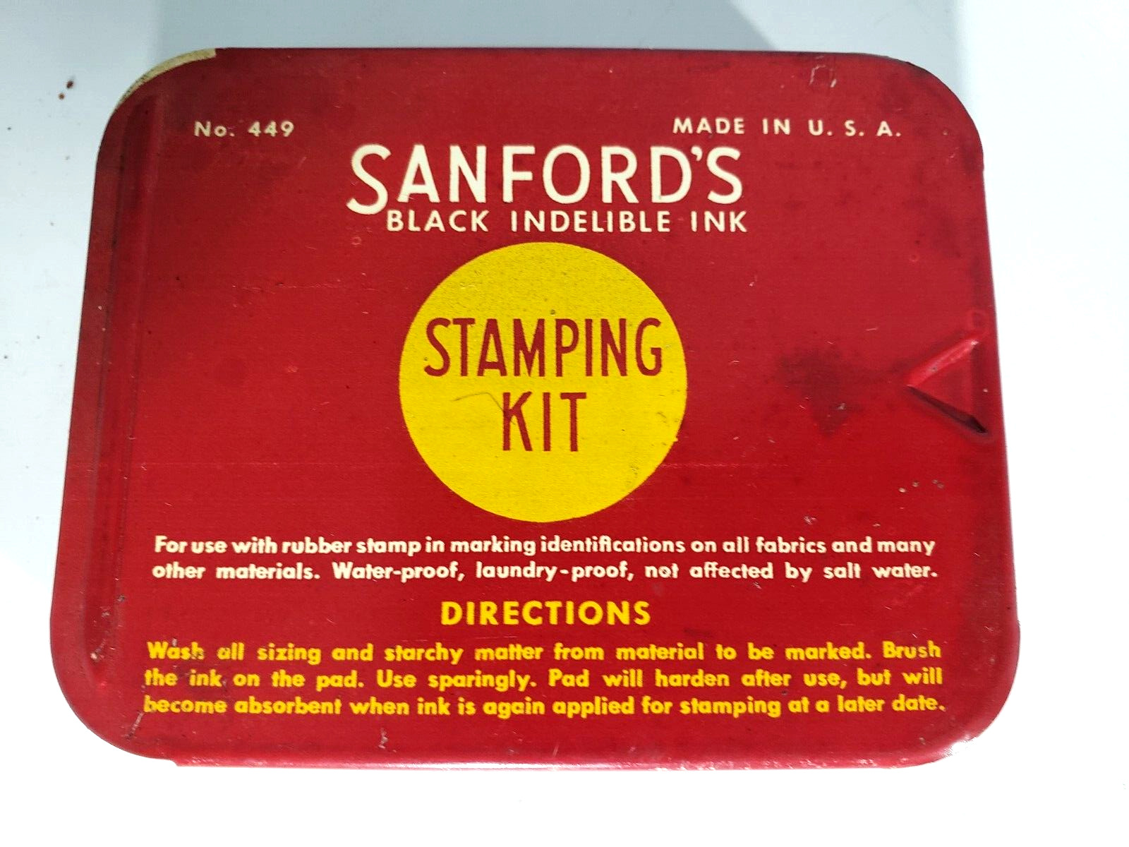 Sanford's Black Indelible Ink Stamping Kit Tin / Ink & Pad Vintage No. 449 NOS