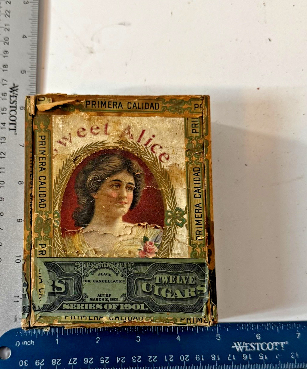 Antique Sweet Alice Wooden Cigar Box Primera Calidad Tax Stamp PA