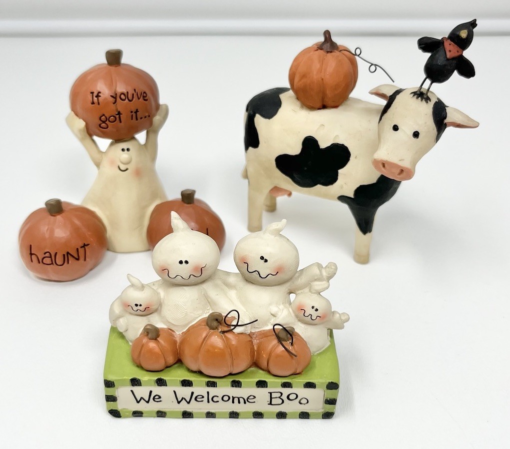 Lot 3 Blossom Bucket Halloween Fall Figurines Ghost Pumpkins Cow Crow Suzi/Lloyd