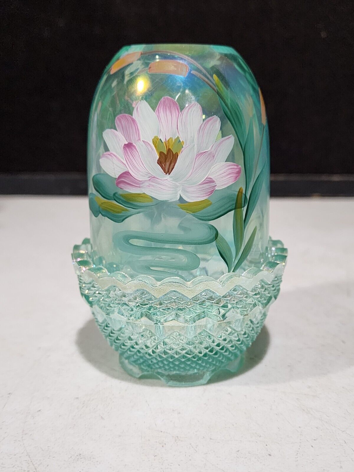 Handpainted Fenton Glass Quilted Optic Sea Mist Green Waterlily Fairy Light