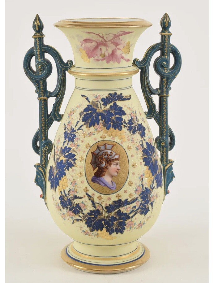 Epic Antique Paris France Tall Portrait Vase 19th c Gilt Mask Handles 17” Sevres