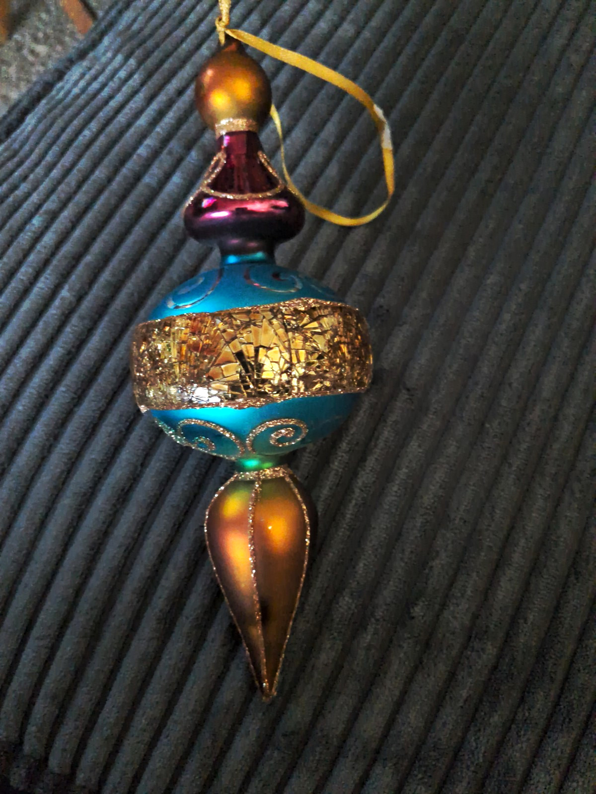 Vtg Large Blown Art Glass Embellished W/ Glitter Christmas Ornament