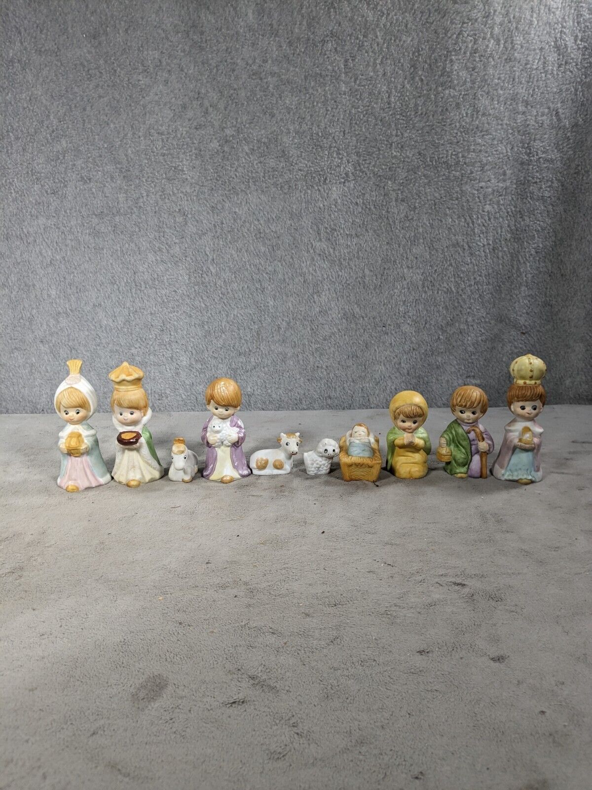 Vintage Kids Nativity Set 10 Piece Hand Painted Ceramic Child Like Set