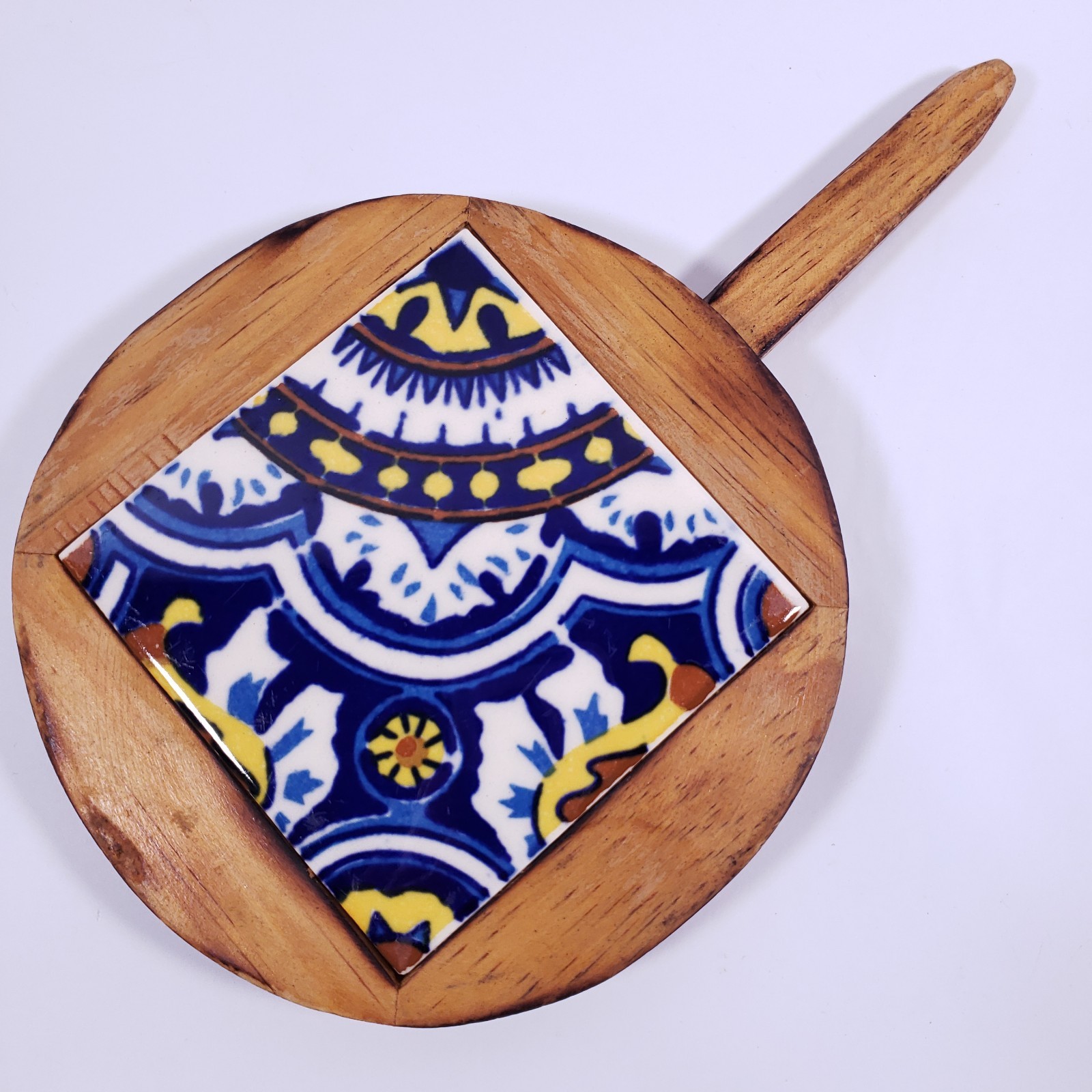 Vtg Mexican Folk Art Cobalt Floral Ceramic Tile Hand Crafted Wood Round TRIVET