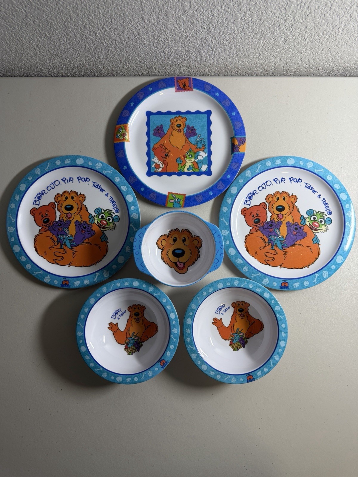 Vtg Jim Henson Bear In The Big Blue House 3 Plates & 3 Bowls ABC Melamine Ware